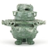Chinese carved green hardstone tripod lidded censer with dragon handles, 13.5cm high : For further
