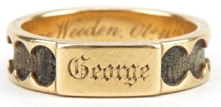 Victorian unmarked gold hairwork mourning ring engraved George Valentine Weeden OB 11th Dec 1849