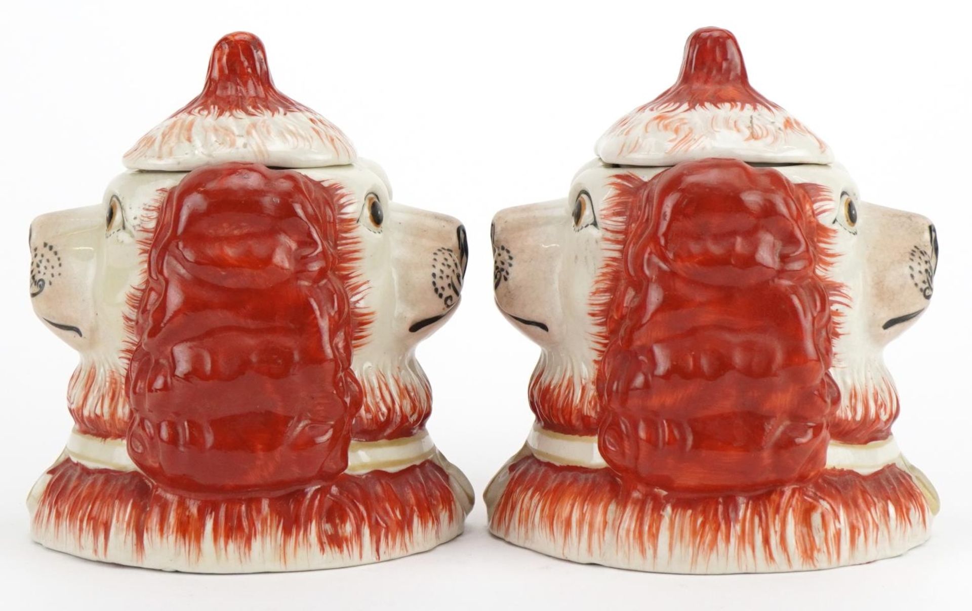 Pair of Staffordshire pottery style double sided Spaniel head pots and covers, each 14cm high : - Image 4 of 6