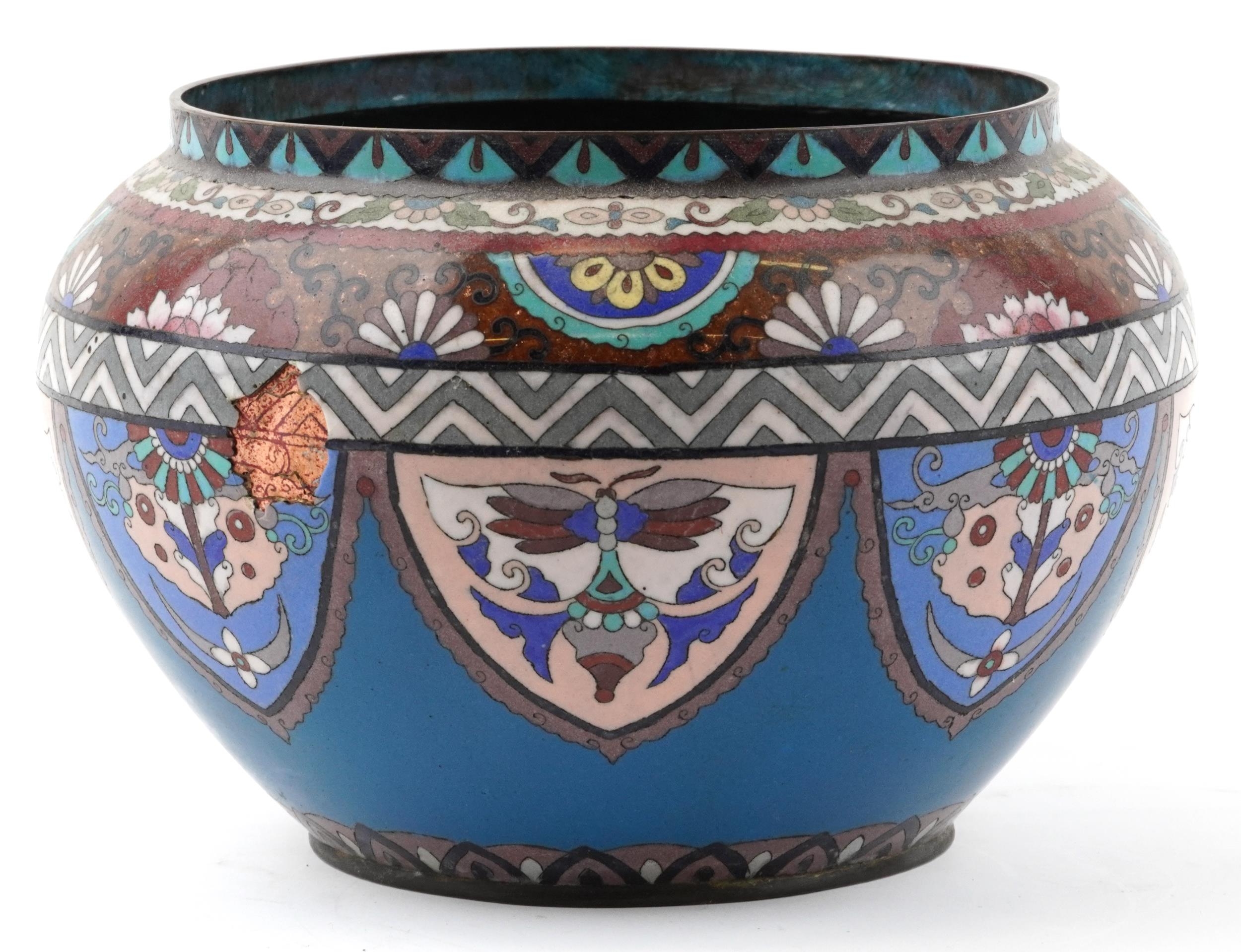 Japanese cloisonne jardiniere hand painted with panels of stylised butterflies and flowers, 29cm - Image 3 of 6
