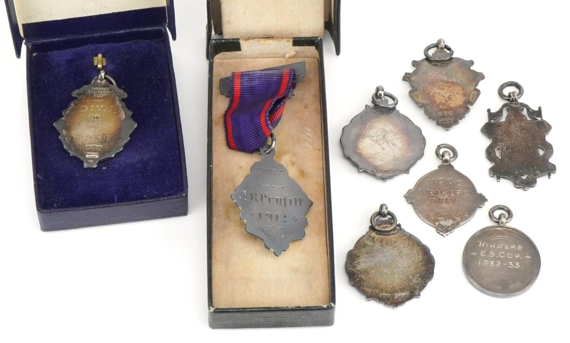 Seven silver sports jewels, six with enamel including Equitable Friendly Society, New Brompton - Image 4 of 4