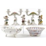 Continental and English porcelain including Dresden Lace figurine, three figures of Putti, Meissen