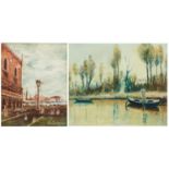 St Mark's Square Venice and boats in a river, two Italian school oils, inscriptions and stamps