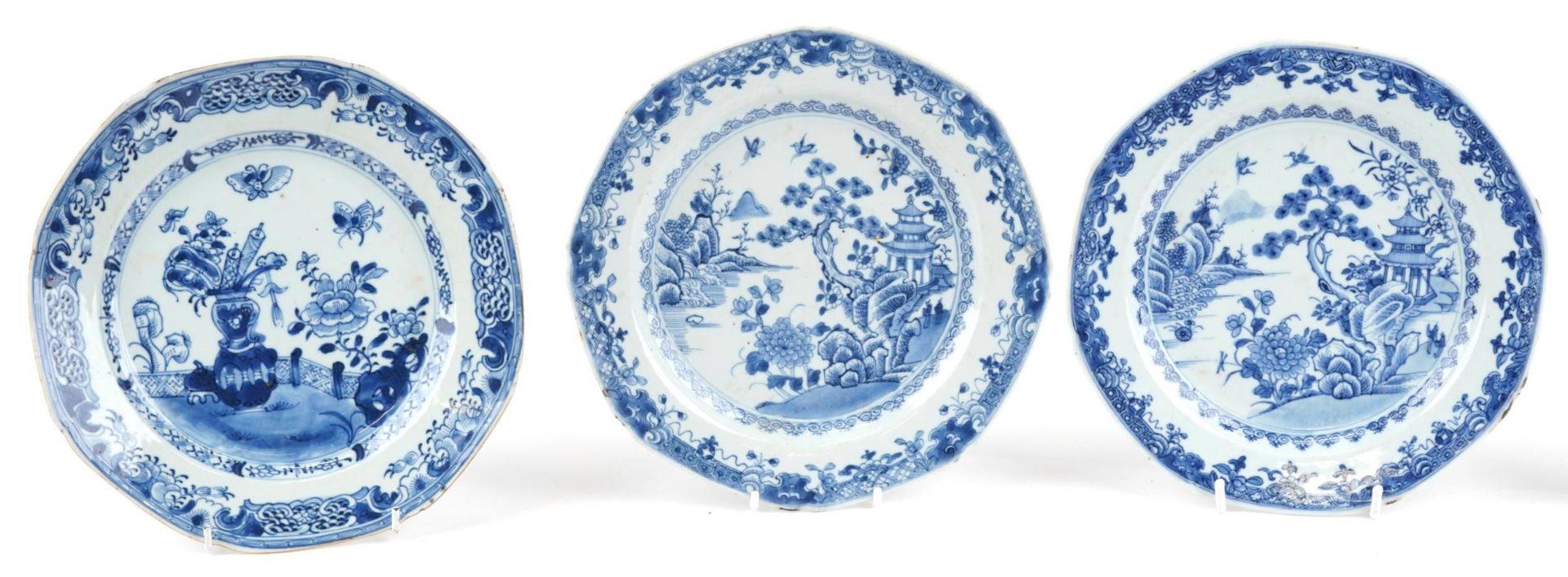 Six Chinese blue and white porcelain plates hand painted with river landscapes and flowers, each - Image 2 of 6
