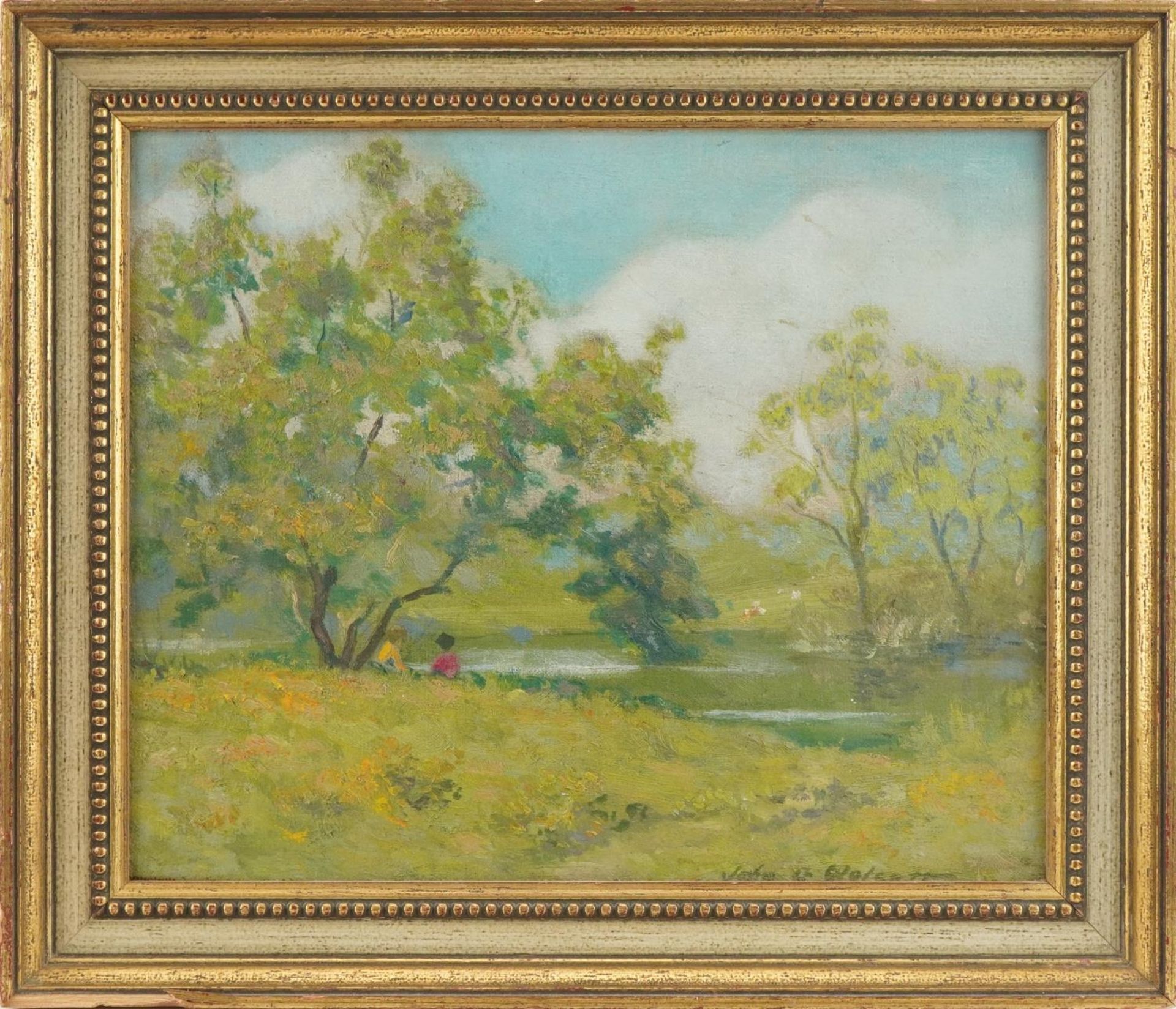 Wolcott - Figures beside water, Impressionist oil on board, The Rowley Gallery label verso, - Image 2 of 5