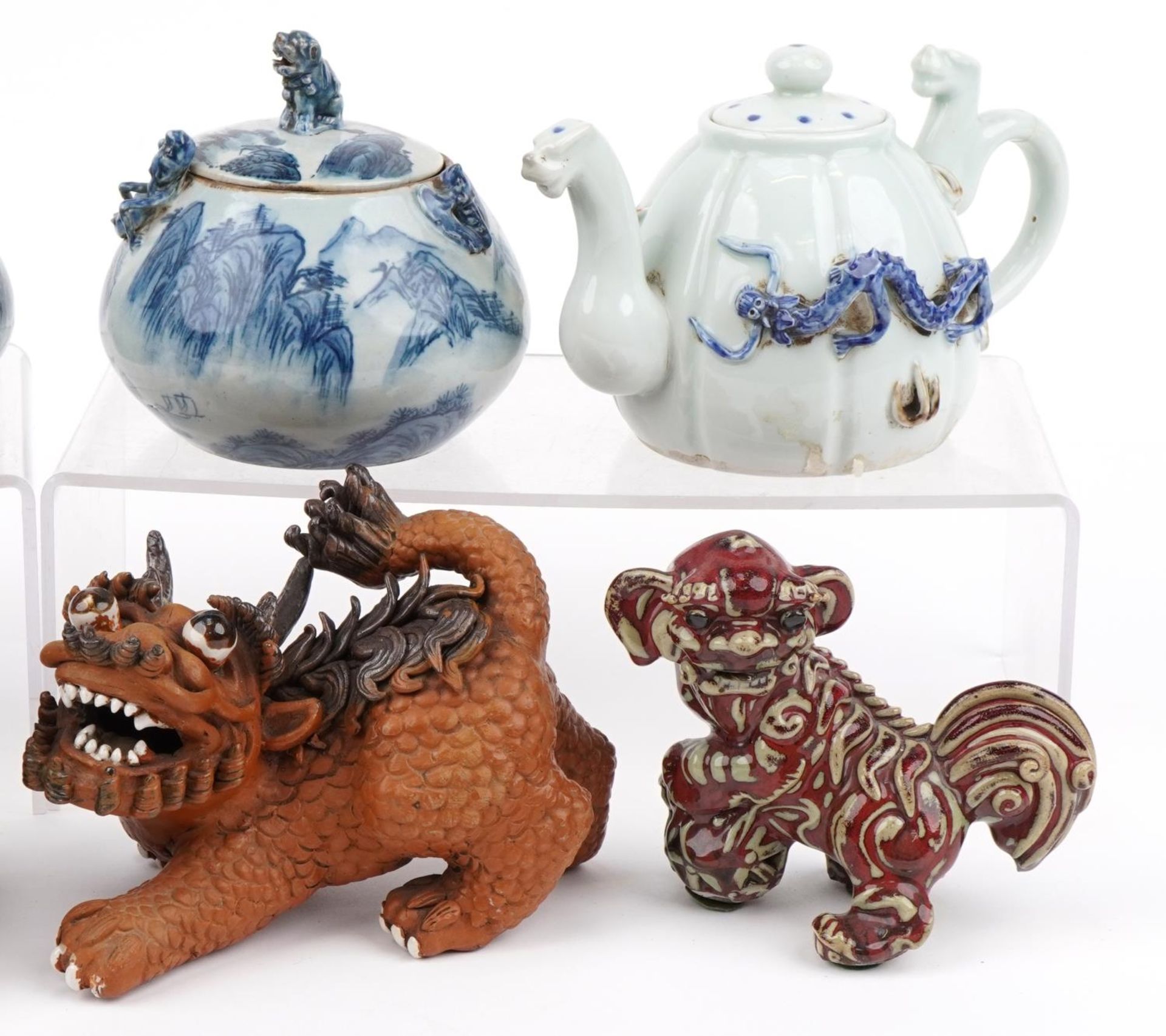 Chinese ceramics including two blue and white teapots, pair of blue and white lidded jars and Foo - Image 3 of 4