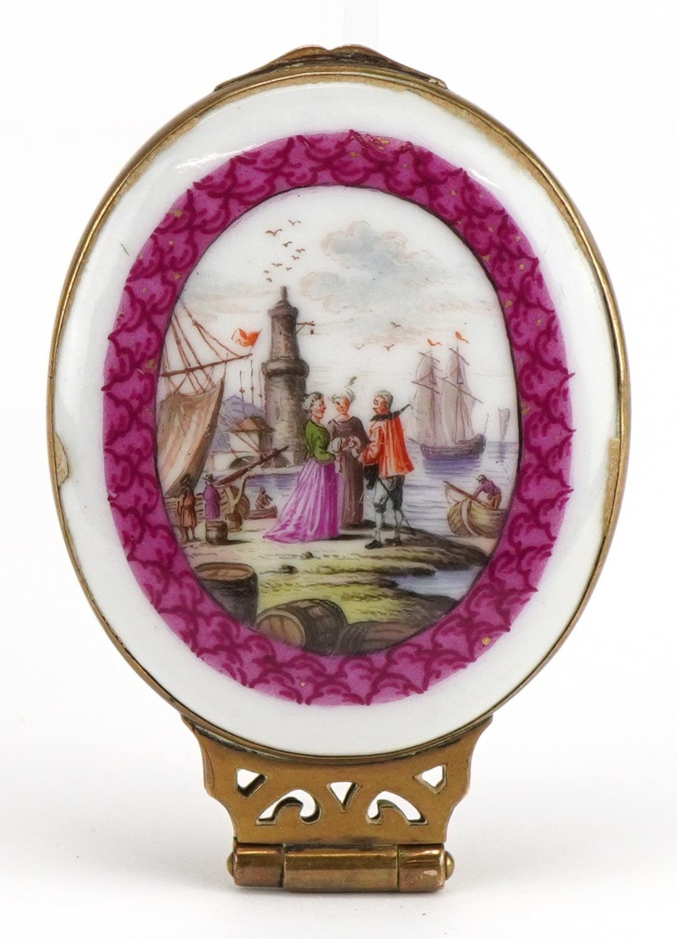 19th century Continental brass locket with two porcelain panels hand painted with 18th century - Image 6 of 6