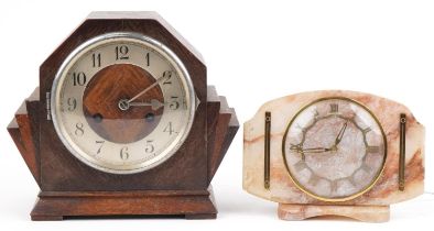 Art Deco inlaid oak cased mantle clock of fan design and electric onyx example with Roman