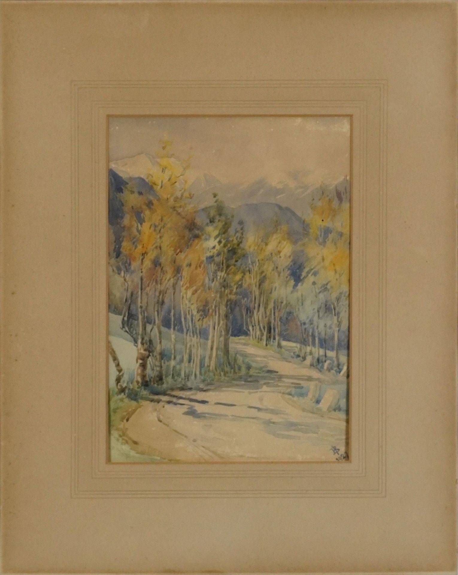 Ione Burrows 1927 - Path through woodland before Swiss Alps, early 20th century watercolour, - Bild 2 aus 4