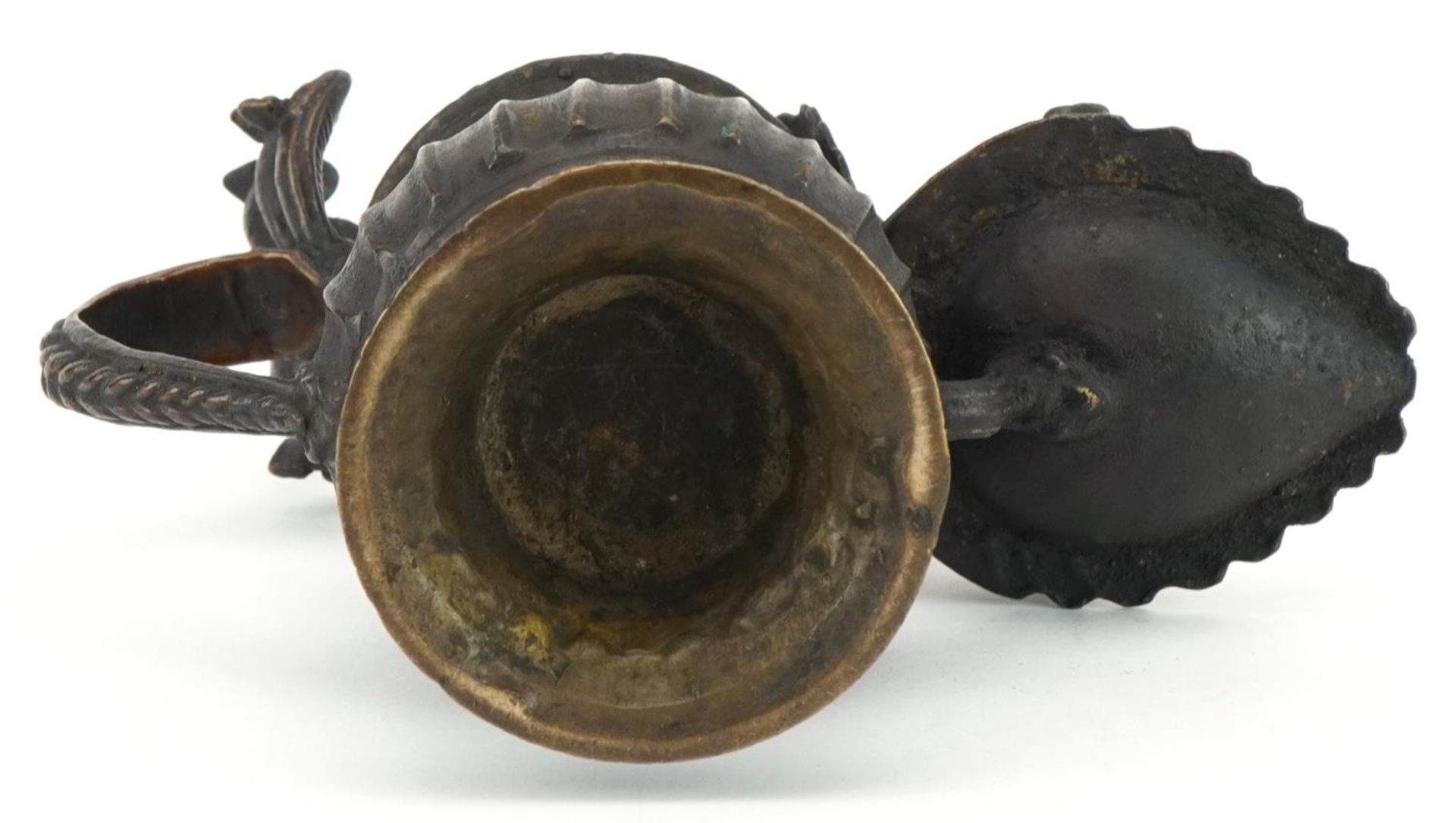 Antique Nepalese bronze oil lamp, 18cm high : For further information on this lot please visit www. - Image 7 of 7