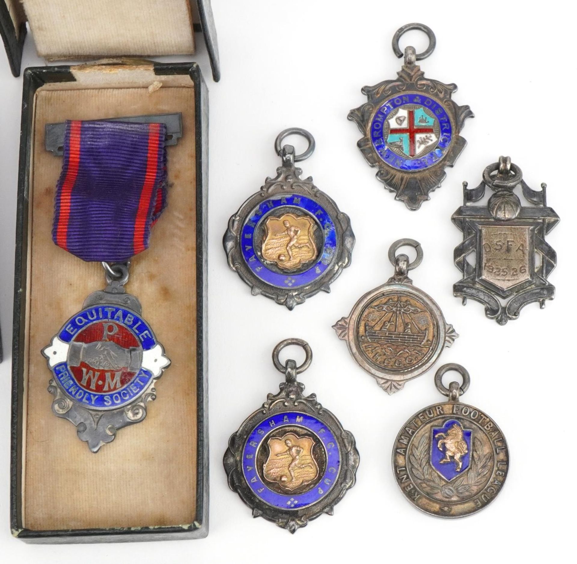 Seven silver sports jewels, six with enamel including Equitable Friendly Society, New Brompton - Image 3 of 4