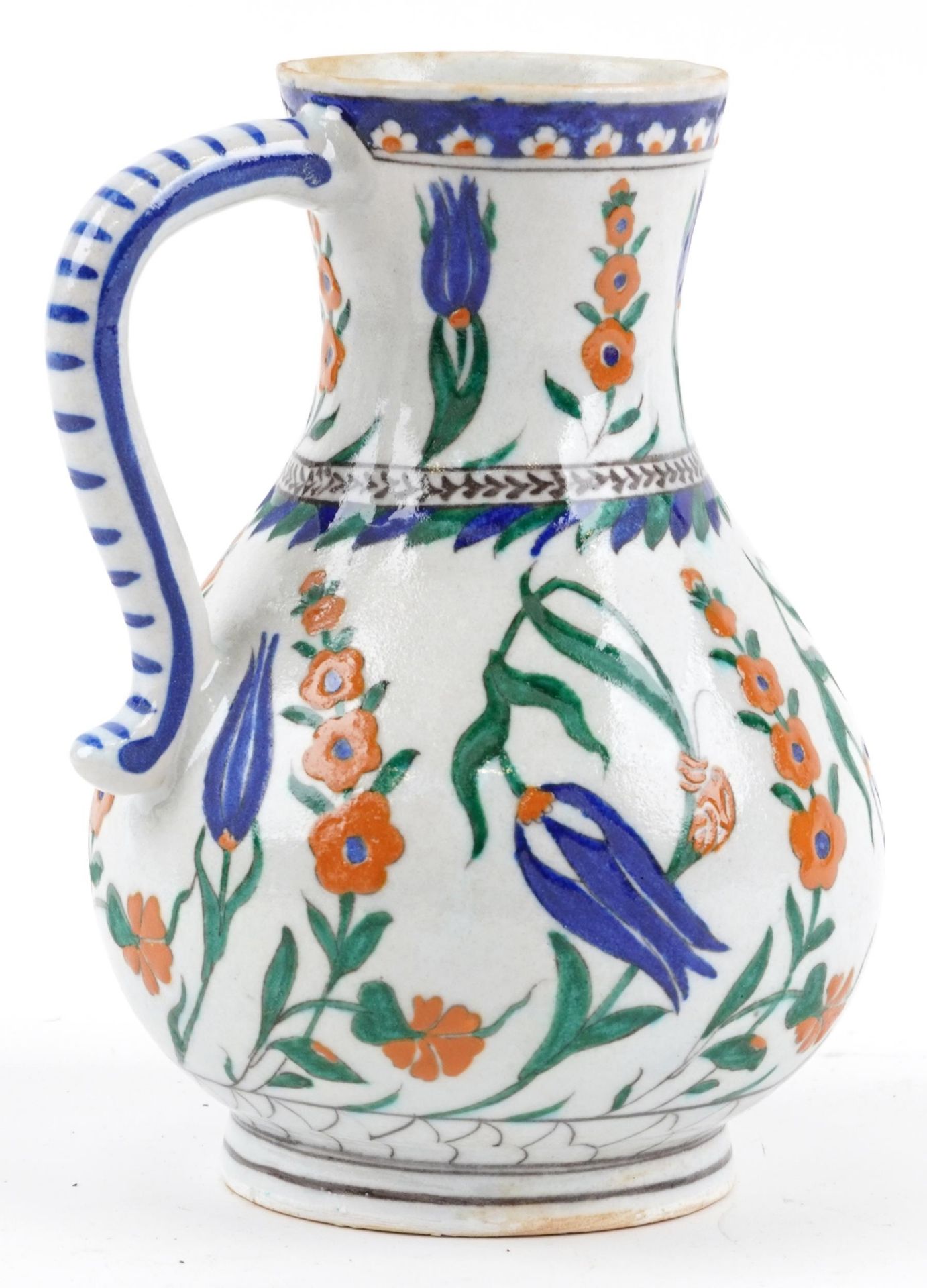 Turkish Ottoman Iznik water jug hand painted with flowers, 22.5cm high : For further information - Image 2 of 3