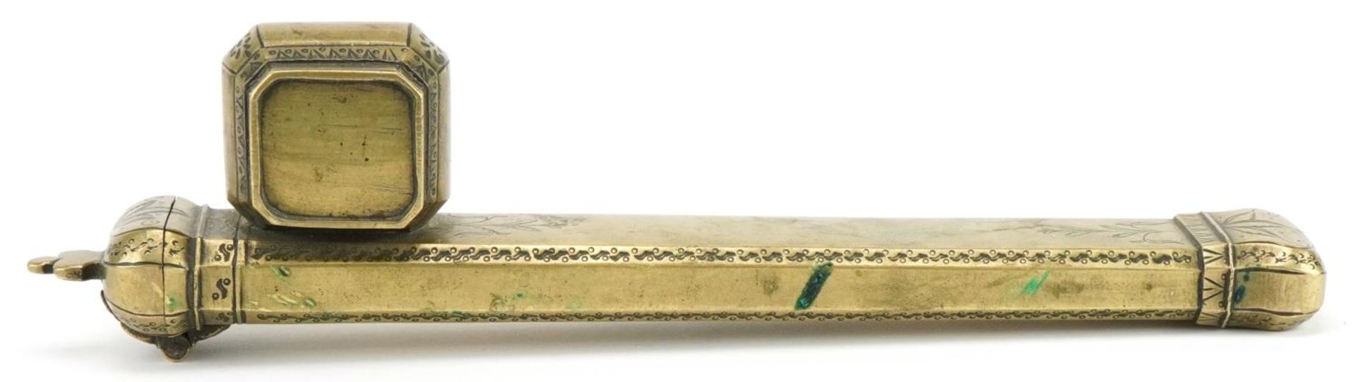 Islamic brass divit pen box engraved with flowers, impressed with calligraphy, 25.5cm in length : - Image 4 of 4