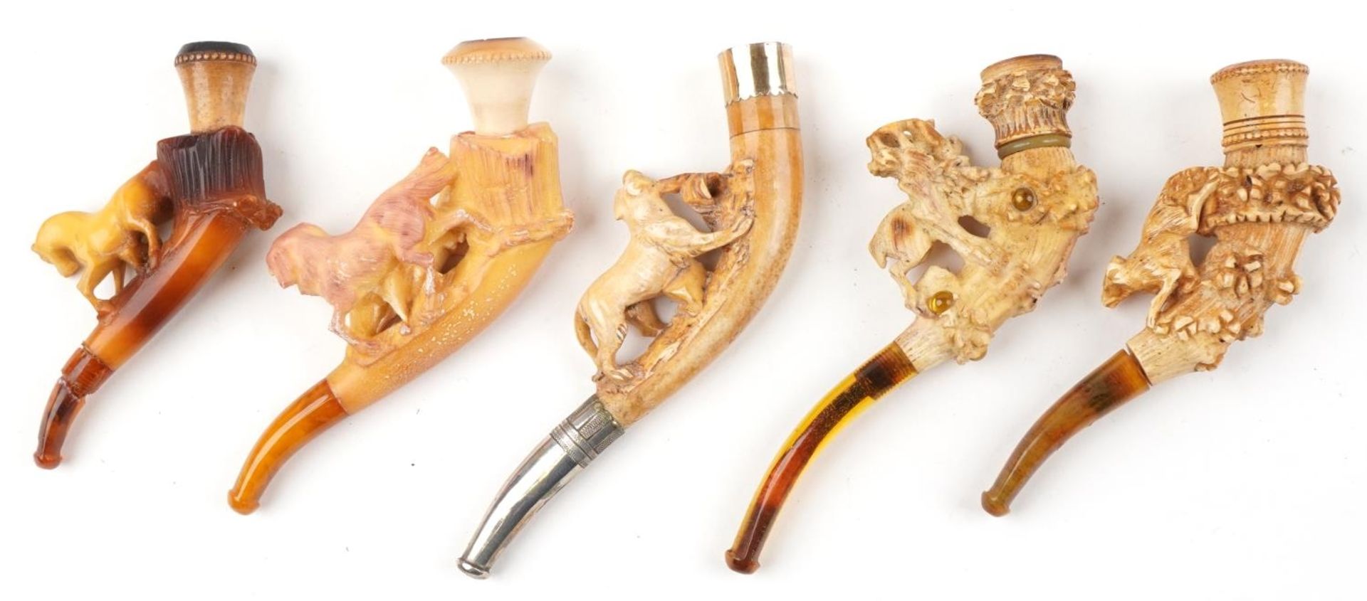 Five antique Meerschaum smoking pipes housed in fitted cases, each carved with animals, four with - Image 7 of 9