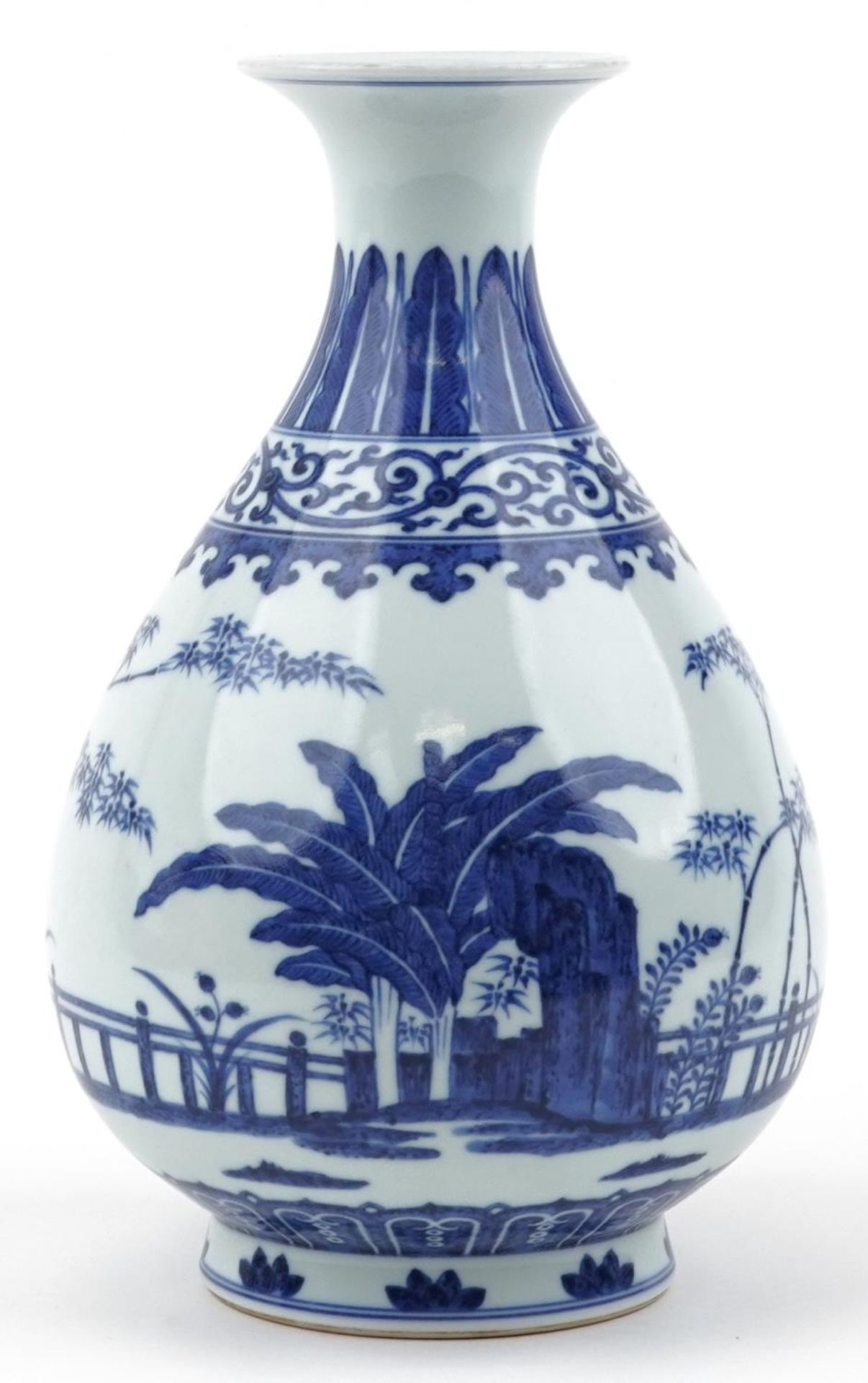 Chinese blue and white porcelain vase hand painted with a palace setting, six figure character marks