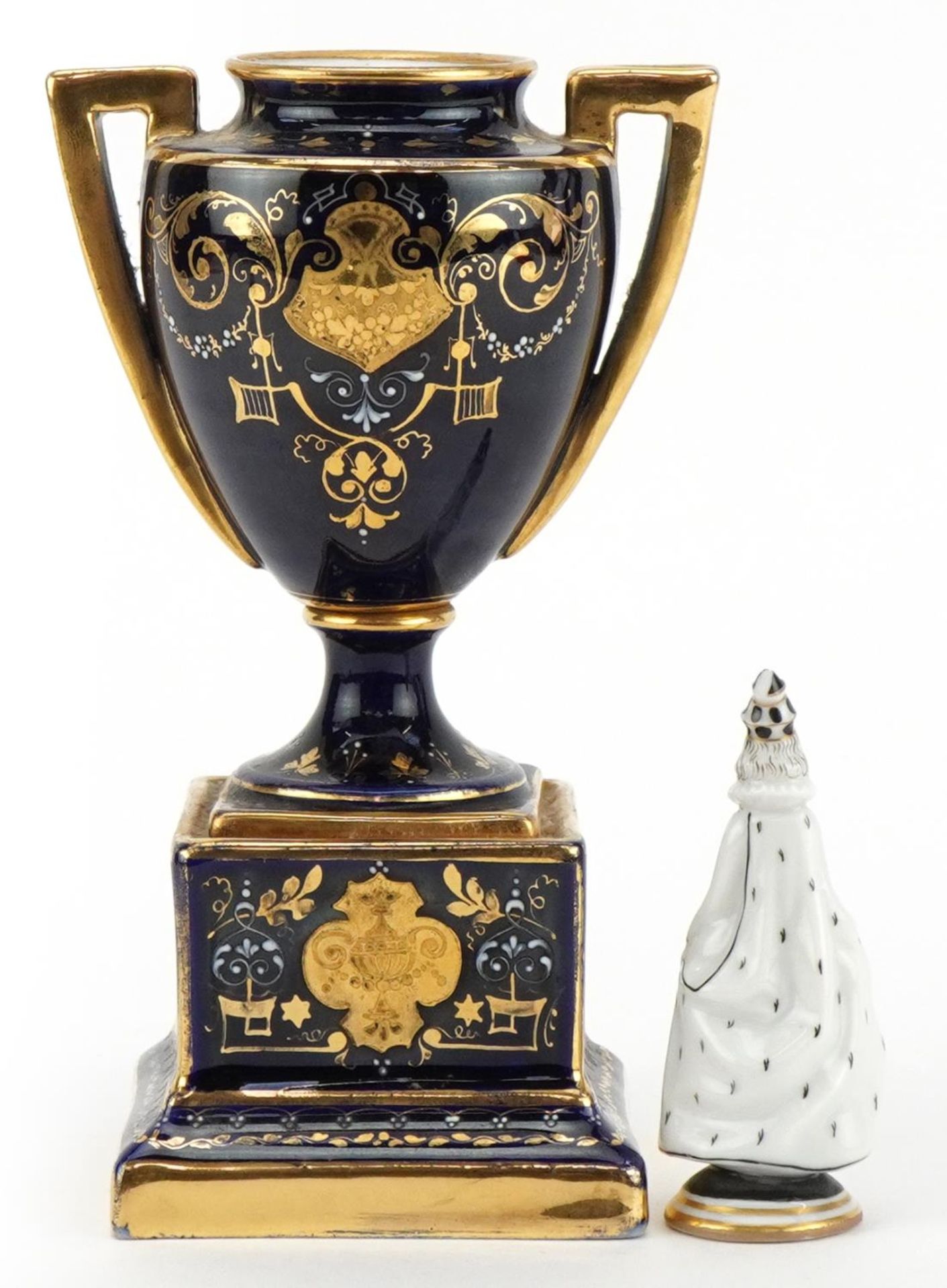 Vienna, Austrian miniature porcelain figure of a female Pierrot and an urn vase hand painted with - Image 2 of 4