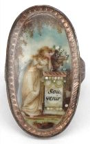 Antique unmarked gold mourning hand painted with a maiden and a tombstone, inscribed Souvenir, tests