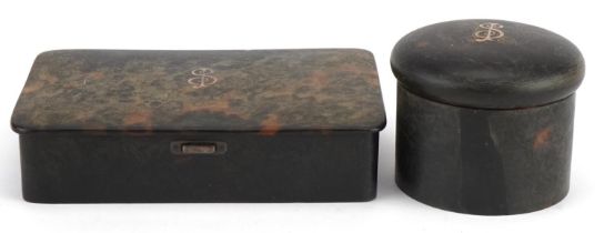 Early 20th century pique work tortoiseshell sectional box and cylindrical box and cover, each with