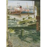 M Bensley - Tug and Lighter, Newhaven, marine interest watercolour, mounted, framed and glazed,
