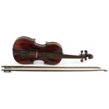 Old wooden violin with one piece back, bow and fitted wooden travelling case, the violin bearing a