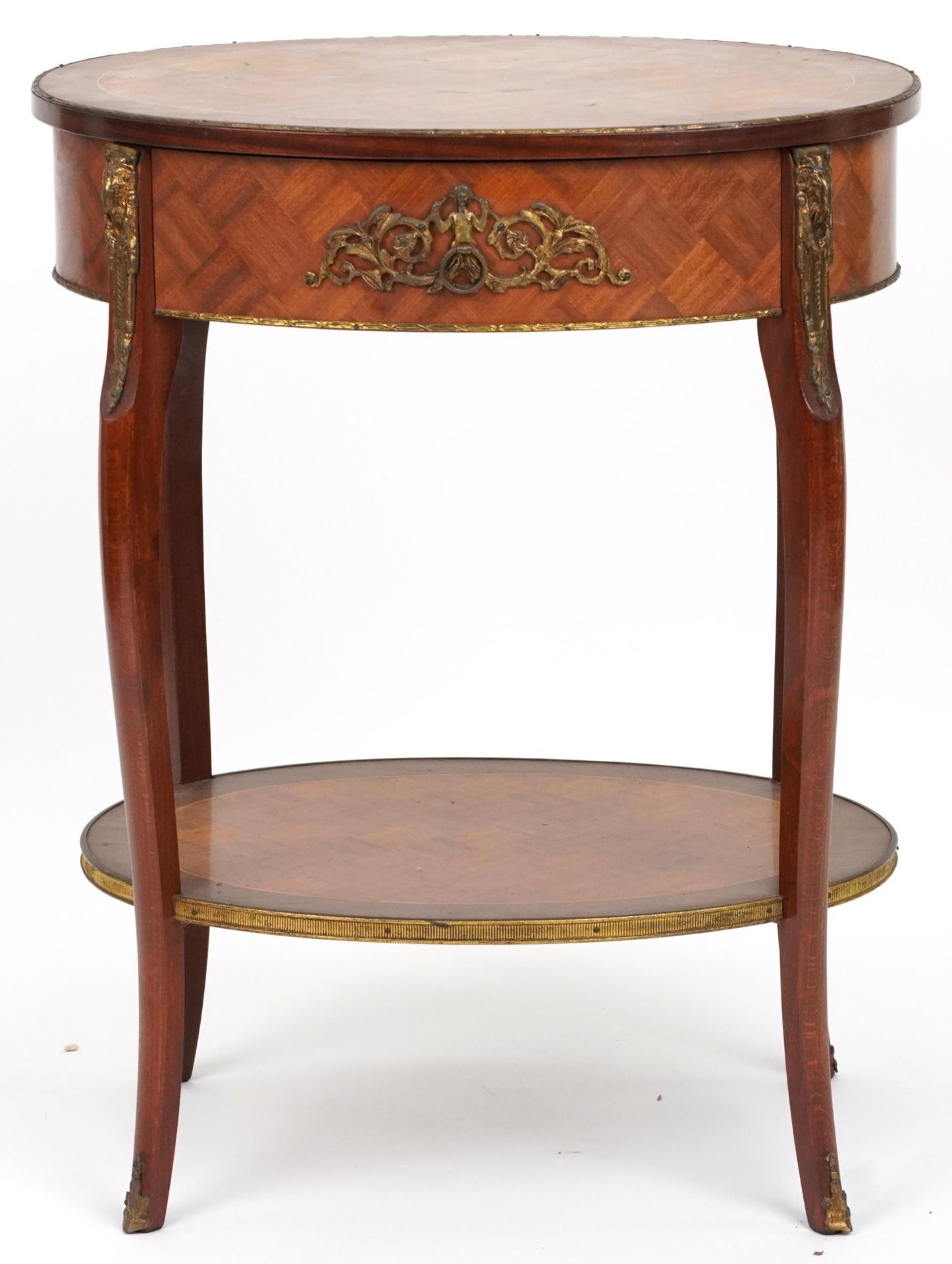 French Louis XV style oval inlaid kingwood side table with gilt metal mounts, frieze drawer and - Image 2 of 5
