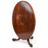 Victorian rosewood tilt top breakfast table with carved bulbous column on lion mask feet, 74cm H x