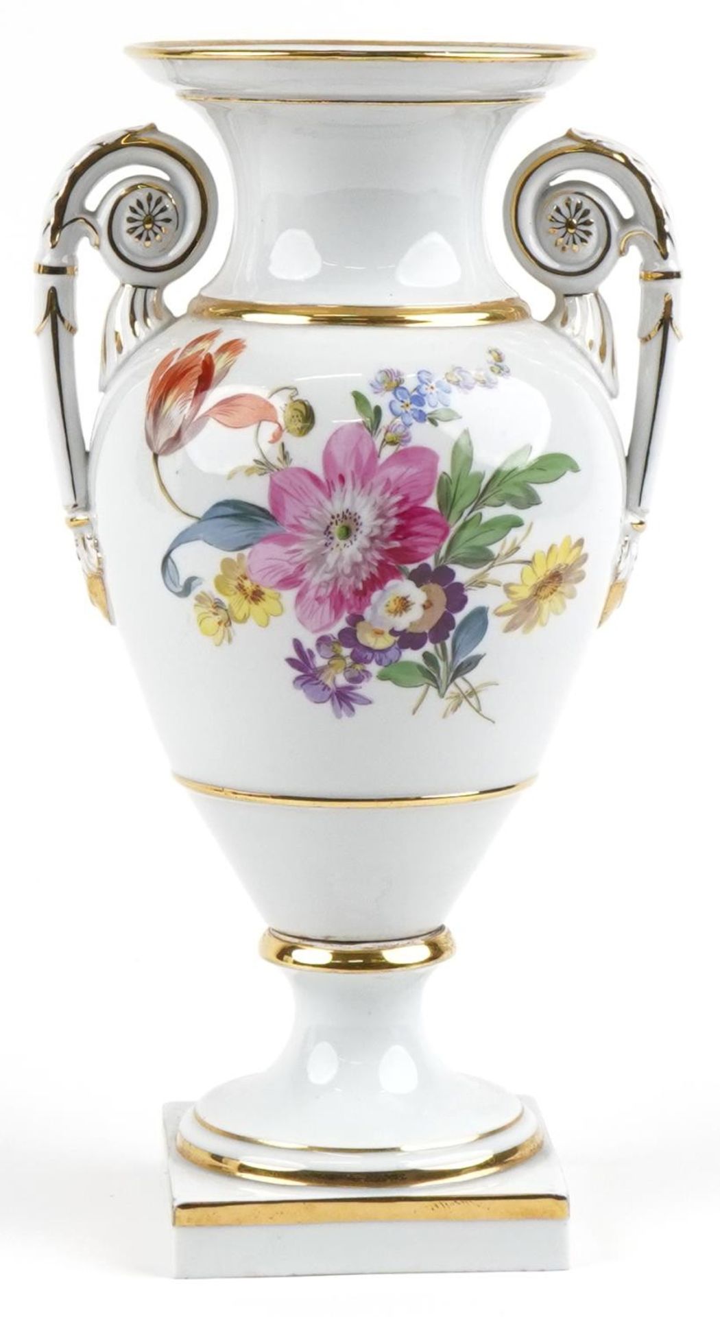 Meissen, German porcelain vase with twin handles hand painted with flowers, blue crossed sword marks - Image 2 of 5