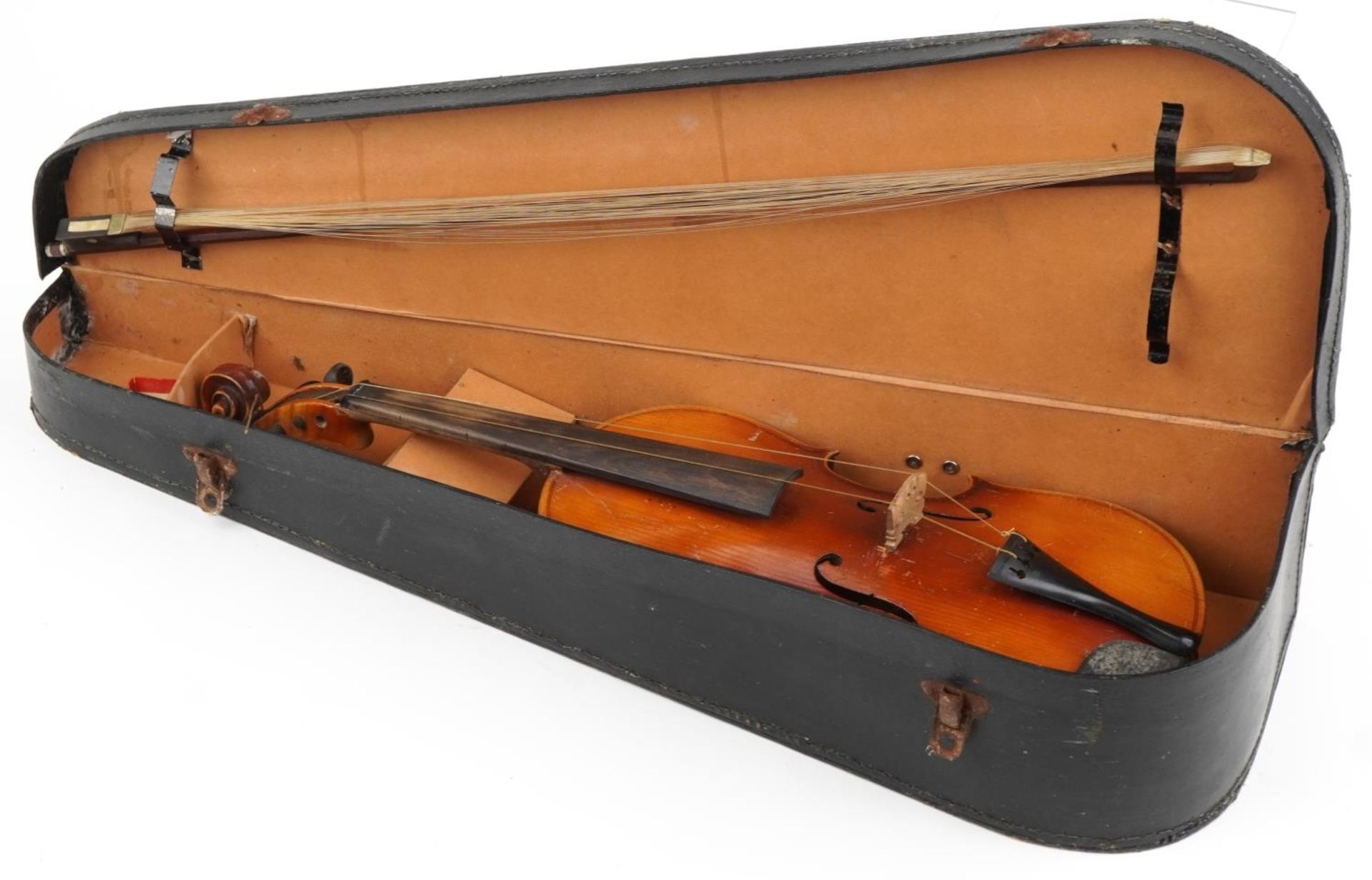 Old wooden violin with violin bow and case, the violin bearing an Antonio Stradivarius label, the - Image 5 of 5