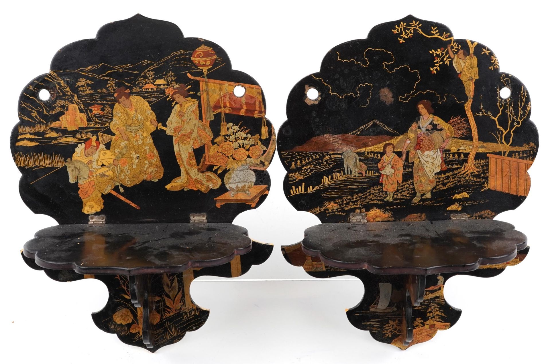 Black lacquered and papier mache chinoiserie sundry items comprising a pair of folding wall - Image 2 of 4
