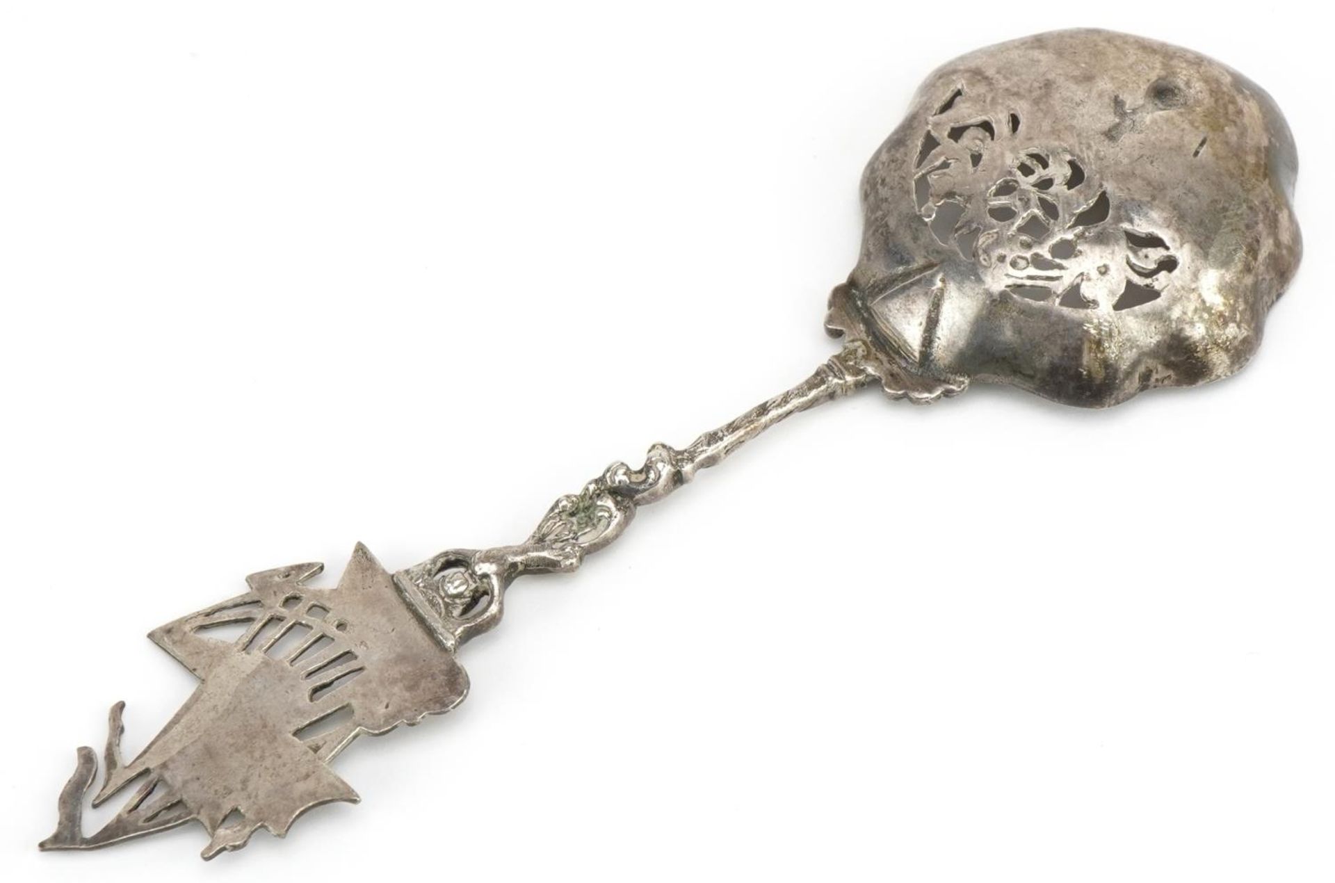 Dutch silver sifting spoon, the bowl embossed with a young farm girl with mermaid and rigged sailing - Image 2 of 3