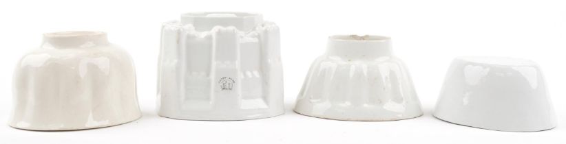 Four 19th century ceramic jelly moulds including Cetem ware and Copeland, the largest 18.5cm in