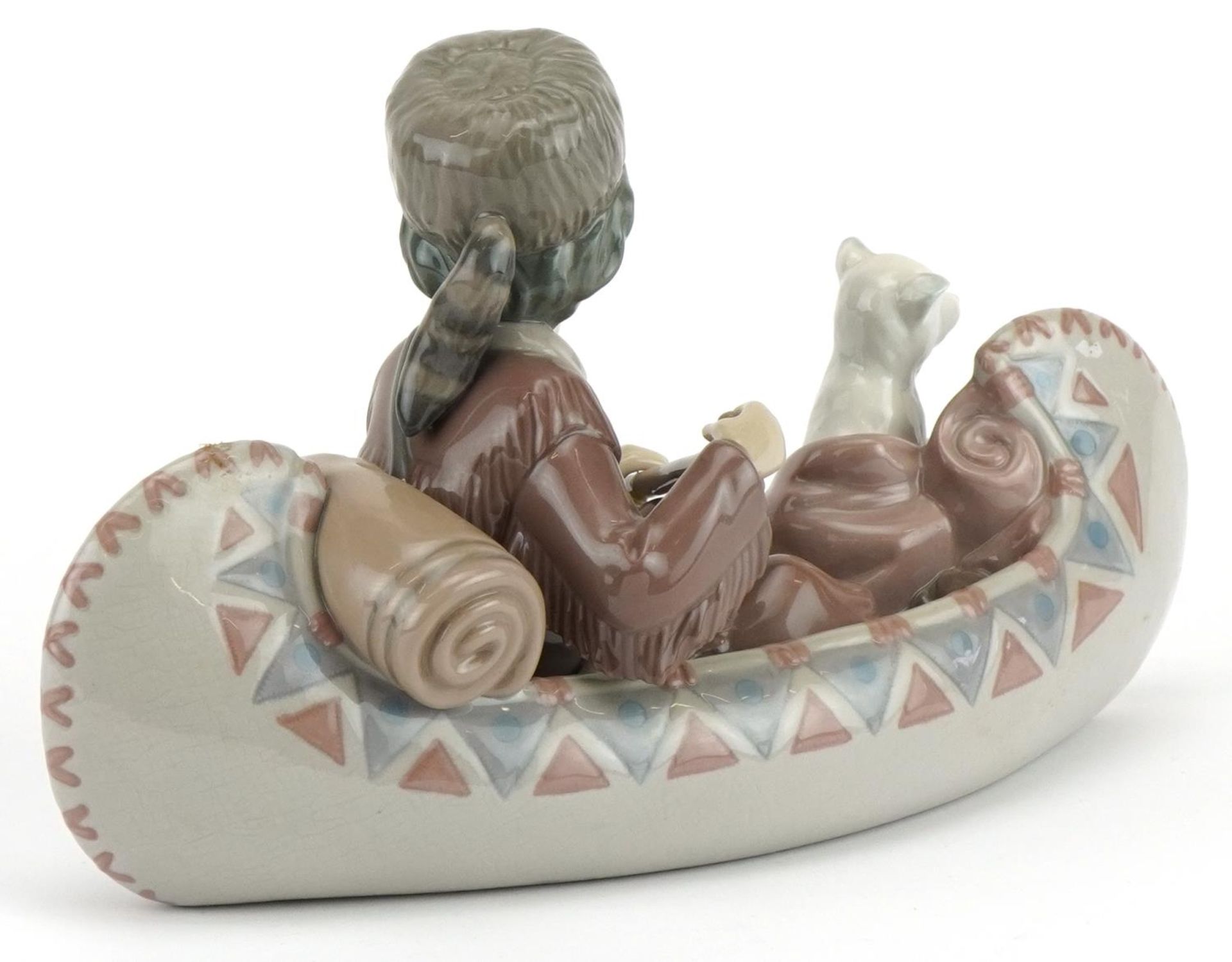 Lladro figure group of a boy with dog in a canoe, Little Explorer, numbered 6640, 25cm in length : - Image 2 of 3