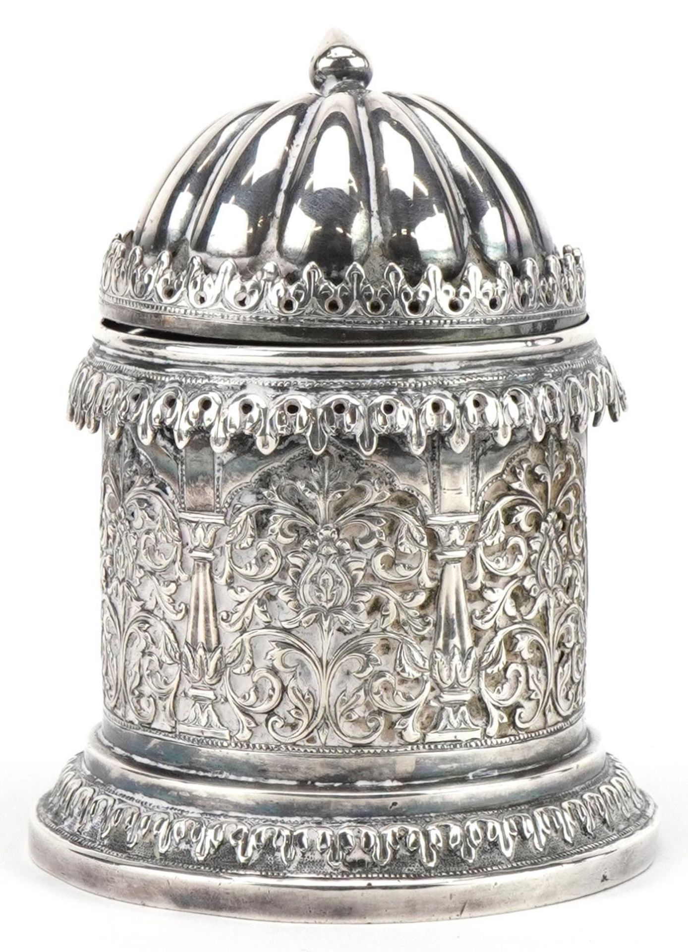 Bhuj, Indian Kutch silver cylindrical pot with hinged lid profusely pierced and embossed with