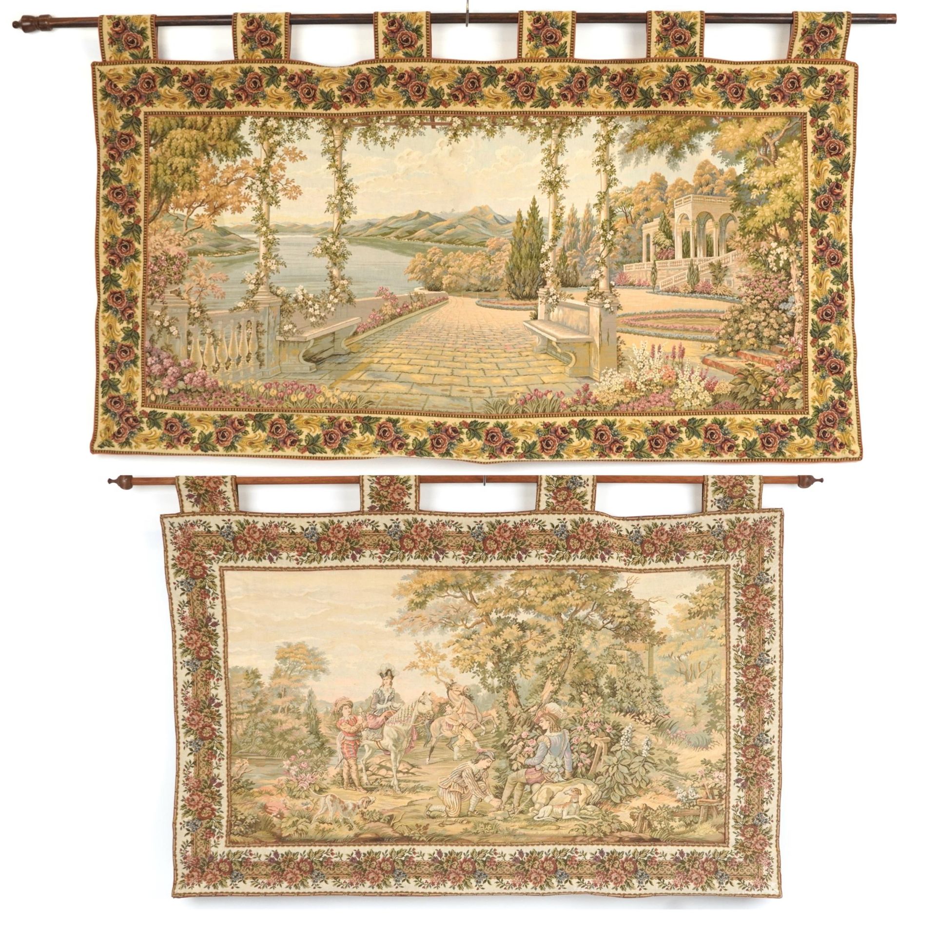 Two rectangular wall hanging tapestries including one with a courting couple on horseback, the