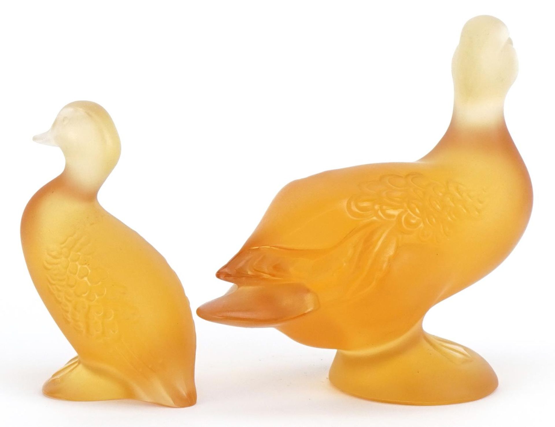 Lalique, two French frosted orange glass duck paperweights, one with paper label, each etched - Image 2 of 5