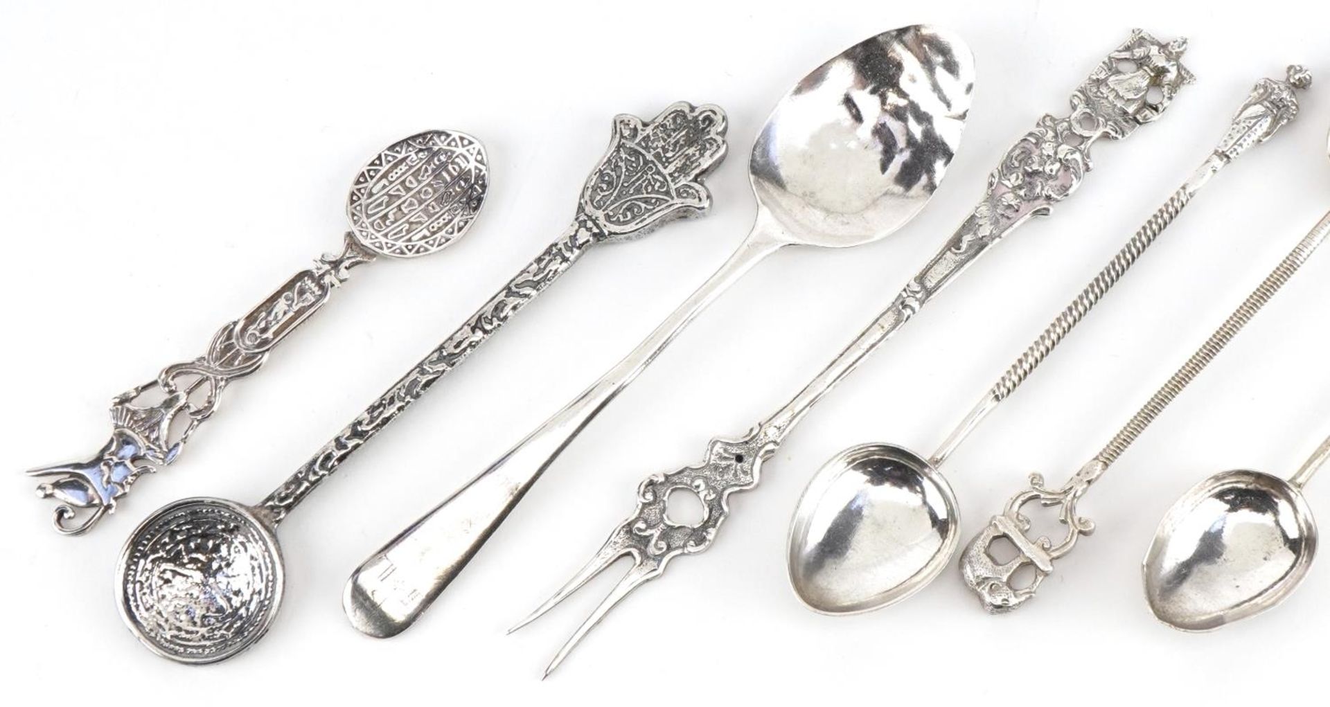 Ten Georgian and later silver and white metal teaspoons and a pickle fork, including some Indian and - Image 2 of 4