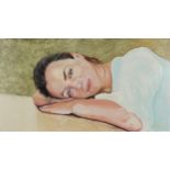 Clive Fredriksson - Portrait of a female resting, contemporary oil on board, framed, 60cm x 33.5cm