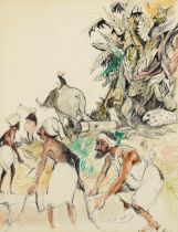 Figures clearing trees before an elephant, Middle Eastern ink and watercolour, Penns Gallery label