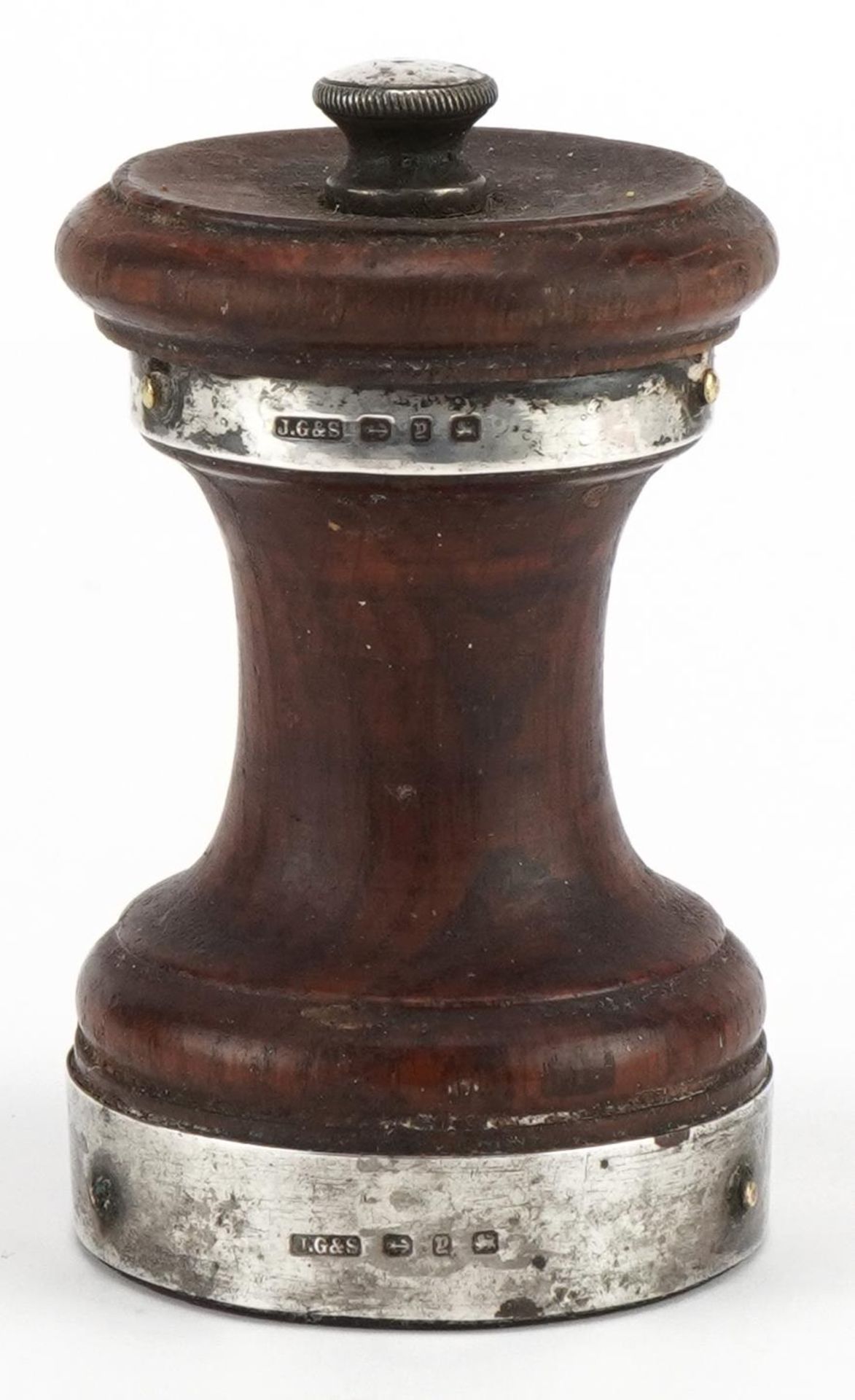 John Grinsell & Sons, Victorian silver mounted oak peppermill, Birmingham 1898, 8.5cm high, 127.5g : - Bild 2 aus 5