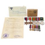 British military World War II five medal group with dress medals and box of issue relating to