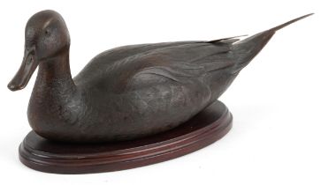 Valentine Bennett, large contemporary patinated bronze Pintail duck raised on an oval mahogany base,
