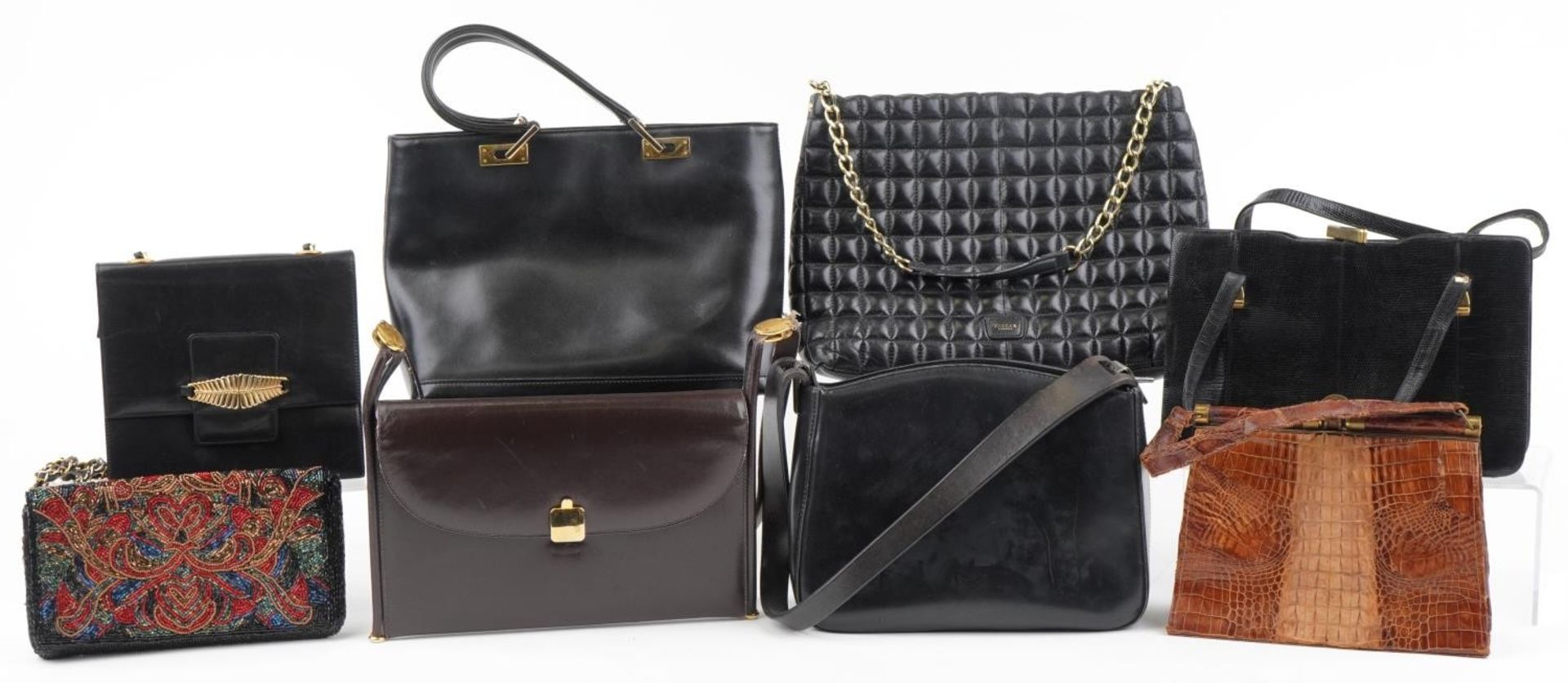 Eight vintage ladies handbags, some Italian, including Jaeger and taxidermy interest crocodile : For