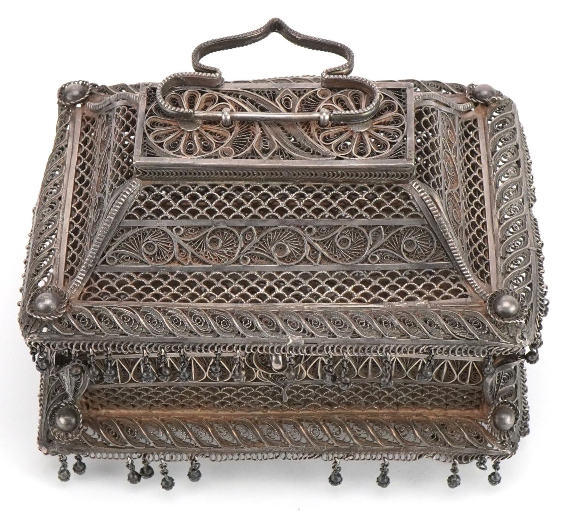 Indian Goa silver filigree table casket with tassel drops, the plaque impressed M L Bros CTC to - Image 3 of 6
