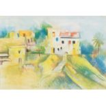 Muriel Clutten - Village houses, African school pastel, stamp verso, mounted, framed and glazed,