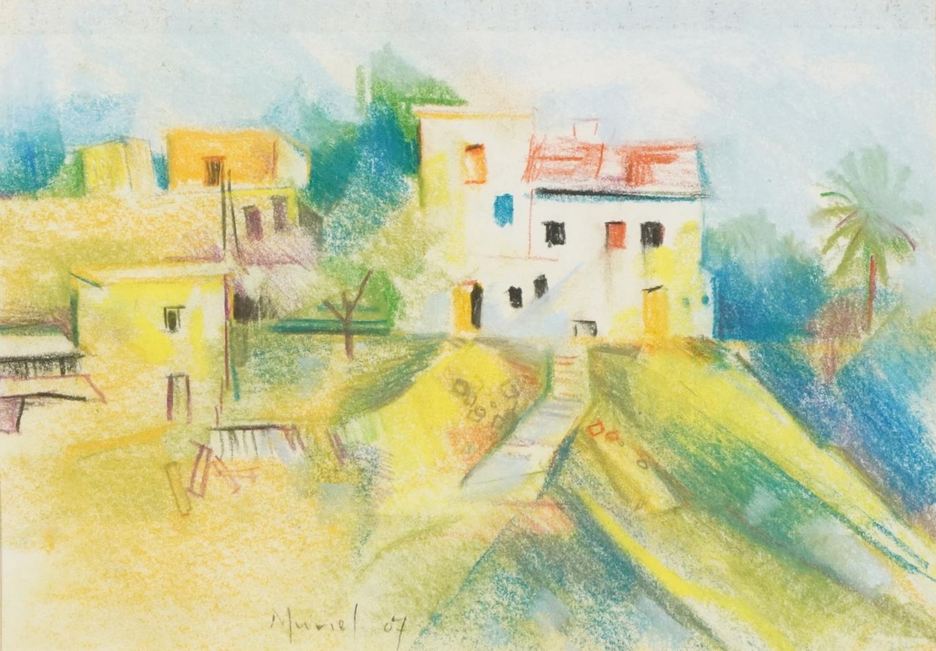 Muriel Clutten - Village houses, African school pastel, stamp verso, mounted, framed and glazed,