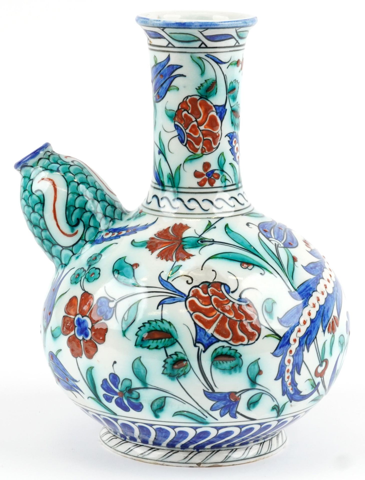 Turkish Iznik pottery kendi hand painted with stylised flowers, 27.5cm high : For further - Image 3 of 7
