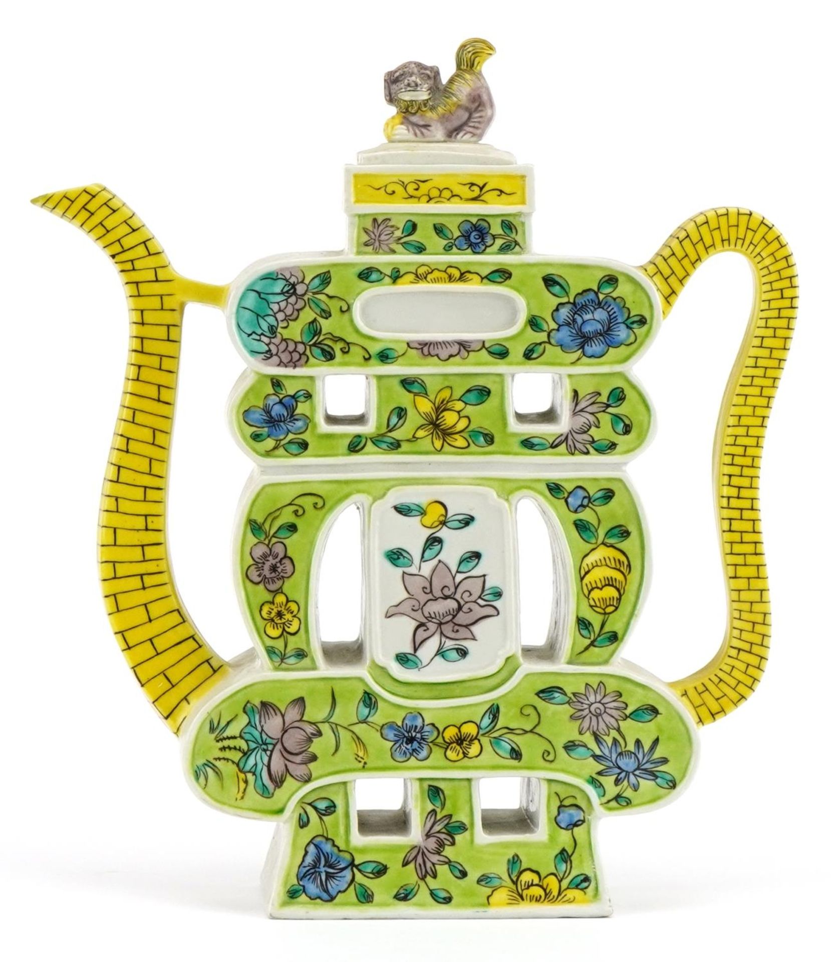 Chinese porcelain puzzle teapot hand painted with flowers, 24cm high : For further information on - Image 2 of 7