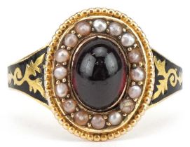 Victorian 18ct gold cabochon garnet, seed pearl and black enamel mourning ring, Birmingham 1863,