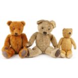 Three antique and later golden teddy bears with joined limbs including two straw filled examples,