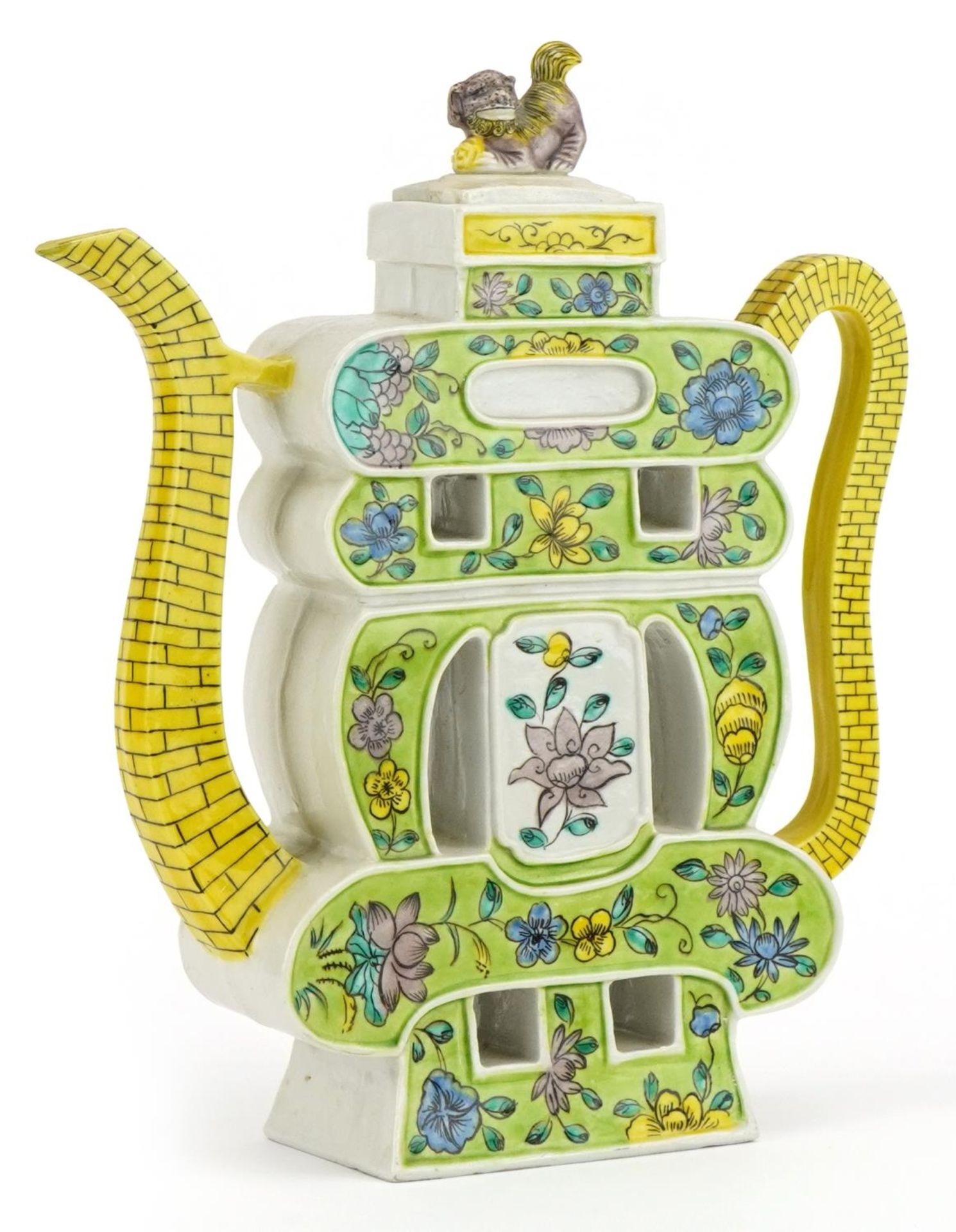 Chinese porcelain puzzle teapot hand painted with flowers, 24cm high : For further information on